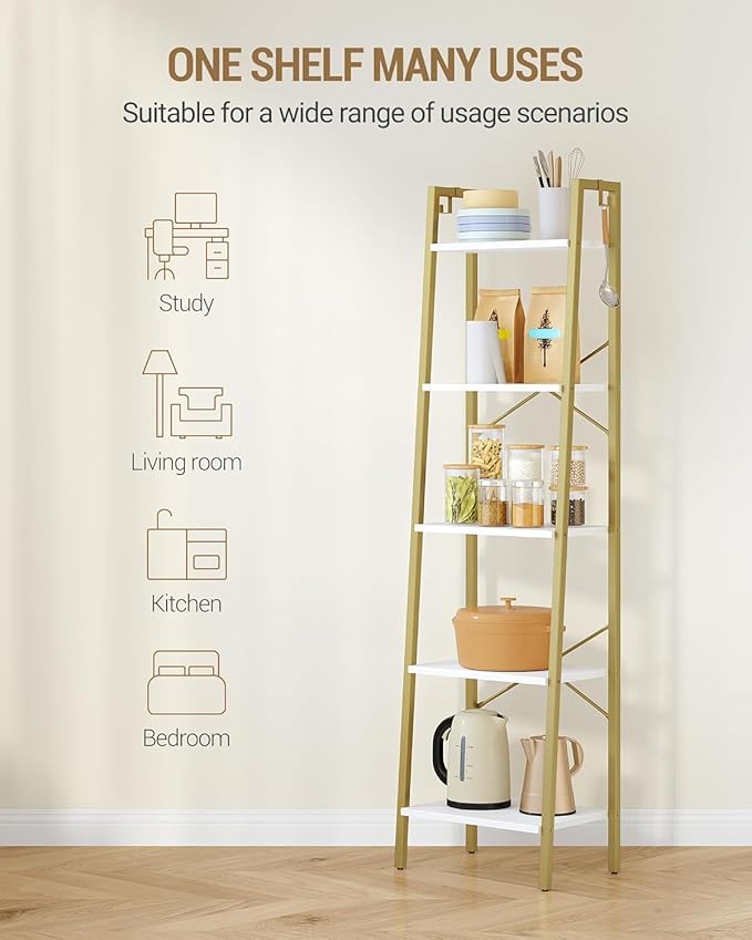 Hzuaneri Ladder Shelf, Bookshelf Bookcase, Freestanding Corner Storage Shelve with 2 Hooks for Home Office, Living Room, Kitchen, Bedroom, Industrial, 11.8" D x 17.3" W x 63" H, White Gold BC19213G