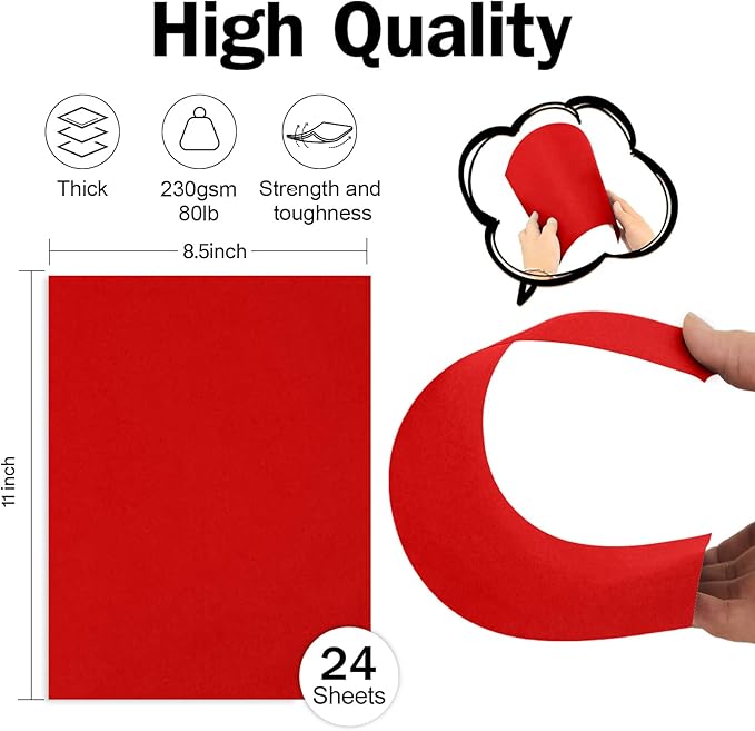 24 Sheets Bright Red Cardstock 8.5 x 11 Construction Paper, Goefun 80lb Red Card Stock Paper for Christmas, Valentines Day, Invitations and Craft