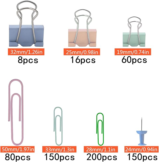 664 Pcs Paper Clips and Binder Clips Kit Assorted Sizes Colored Office Clips Set Small Medium Large Push Pin for Office and School Supplies