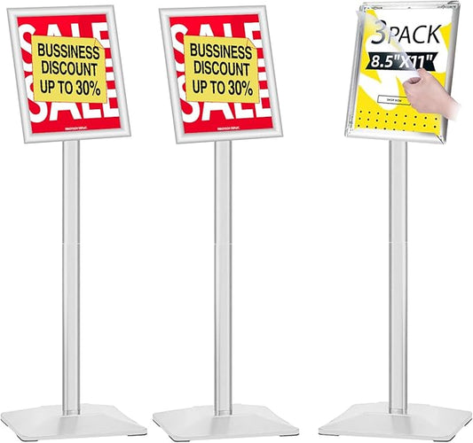 INNOVSIGN 3Packs Heavy Duty Adjustable Pedestal Poster Sign Stand, 8.5x11 Aluminum Open Floor Standing Sign Holder for Vertical and Horizontal View Display (8.5x11,Silver)