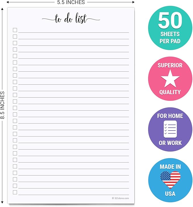 321Done To Do List Notepad, Made in USA - 5.5x8.5, Simple Checklist, Cute Modern Design for Organizing, Planning, College Ruled, Thick Heavy Paper - 50 Sheets