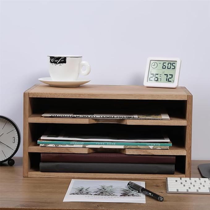 DDYURI 3-Tier Paper Storage Letter Tray File Sorter - Wood Desktop Document Organizer Holders with Mail Sorter, School & Home Magazine File Dividers, Book Rack Shelf Stand for HD-SJ3K (Light)