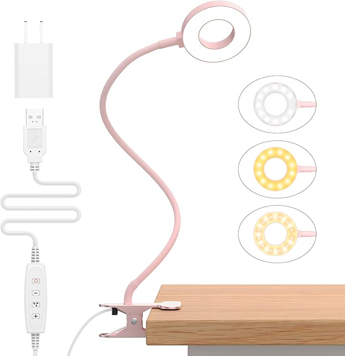 iZELL Desk Lamp, LED Reading Light with Clamp, 3 Color Modes & 10 Brightness Flexible Arm Book Light for Kids Reading Book in Bed at Night Clip on Table, Computer, Zoom Meetings - 27.6‘’ Pink