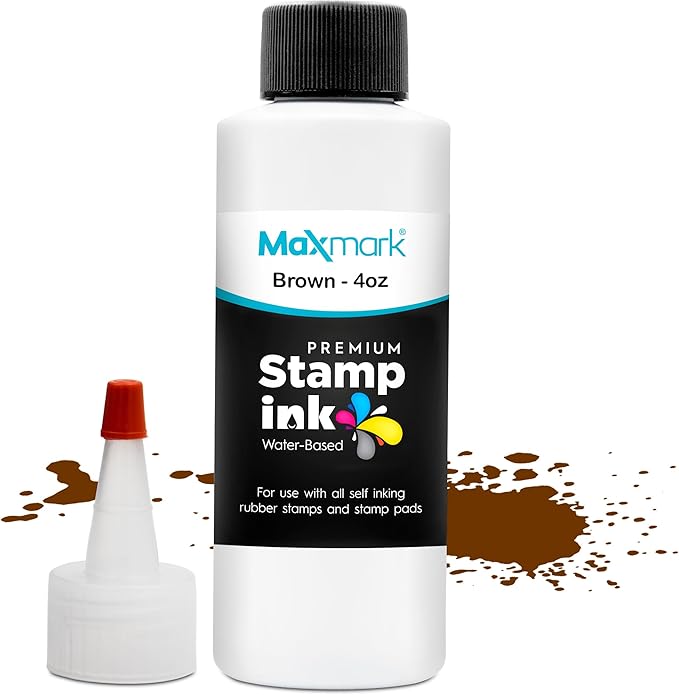 MaxMark Premium Refill Ink with Control Tip Bottle for Self-Inking Stamps, Brown Color - 4 oz.