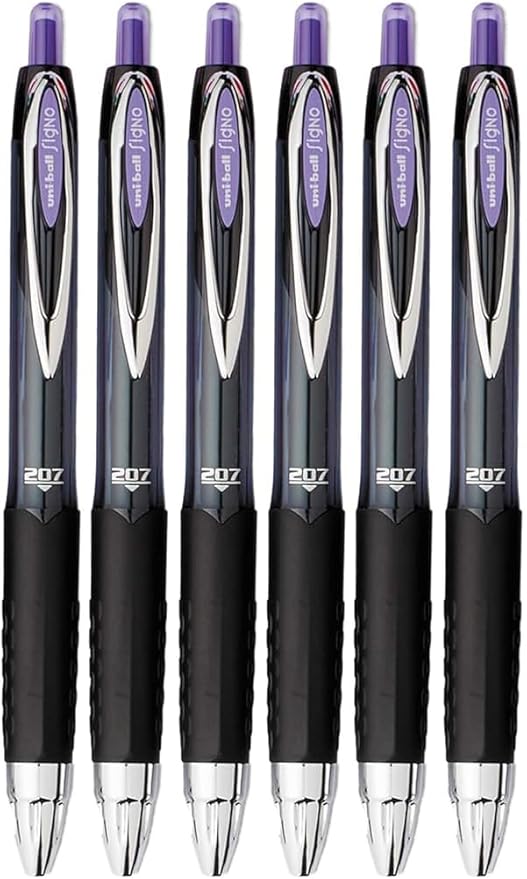 Advantage Gifts Signo 207 Roller Ball Retractable Gel Pens, Medium Point (0.7mm), Purple Ink, 6 Count, Bundle with Plastic Reusable Pouch