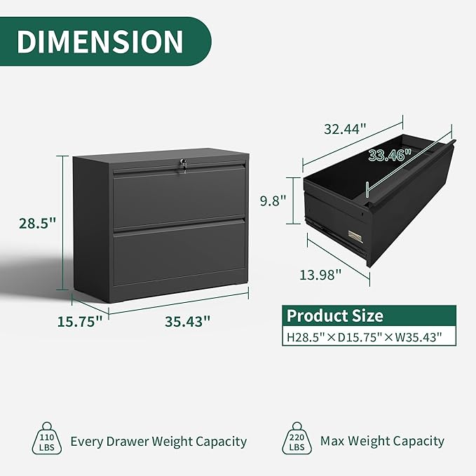 Yukimo 2 Drawer Lateral File Cabinet with Lock, Metal File Cabinets for Home Office Legal/Letter A4 Size, File Cabinet with 2 Drawer Storage Cabinet,Require Assembly,Black