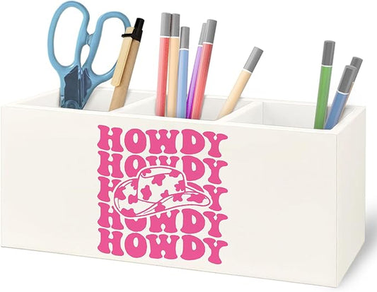 URLLUAE Hot Pink Western Howdy Wooden Pen Pencil Holder for Office Desk Accessories, Western Cowgirl Gifts for Women Makeup Brush Toothbrush Holder Organizer for Bathroom