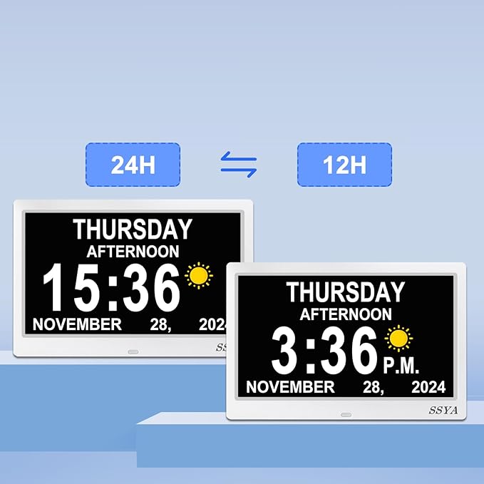 SSYA Dementia Clock for Seniors, Digital Clock with Date and Day of Week, Auto DST, Non-Abbreviated Large Calendar Alarm Clocks (White)