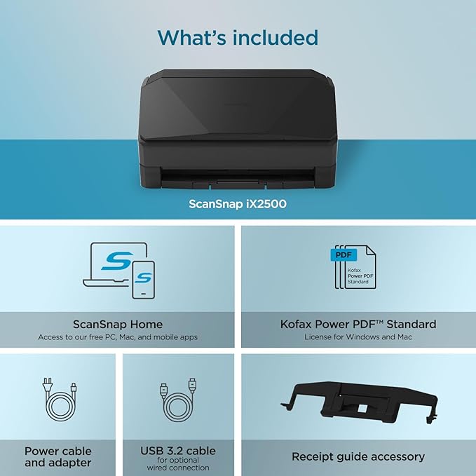 ScanSnap iX2500 Wireless or USB High-Speed Cloud Enabled Document, Photo & Receipt Scanner with Large 5" Touchscreen and 100 Page Auto Document Feeder for Mac or PC, Black
