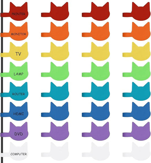 Trilancer Cord Labels Cable Label, Multicolored Handwriting Cord Tags - Kitty Head Shape Tags for Organizing Wires and Identification, Reusable with Multiple Uses - 32 PCS