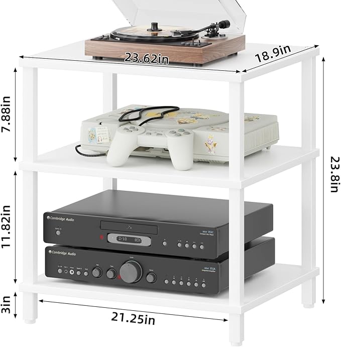 LELELINKY 3-Tier AV Media Player Stand Set of 2, White Stereo Cabinet, Wooden TV Stand,Game Console Shelf, Multifunctional Entertainment Center, Suitable for Home, Conference Room, Game Studio