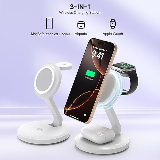 3 in 1 Foldable Magnetic Wireless Charging Station,iPhone Mag-Safe Charger,15W Fast MagSafe Charger Stand for Apple iPhone16Pro Max/16 Pro/15 ProMax/14/13/12,Apple Watch Ultra/2/SE to S9,AirPods Pro 3