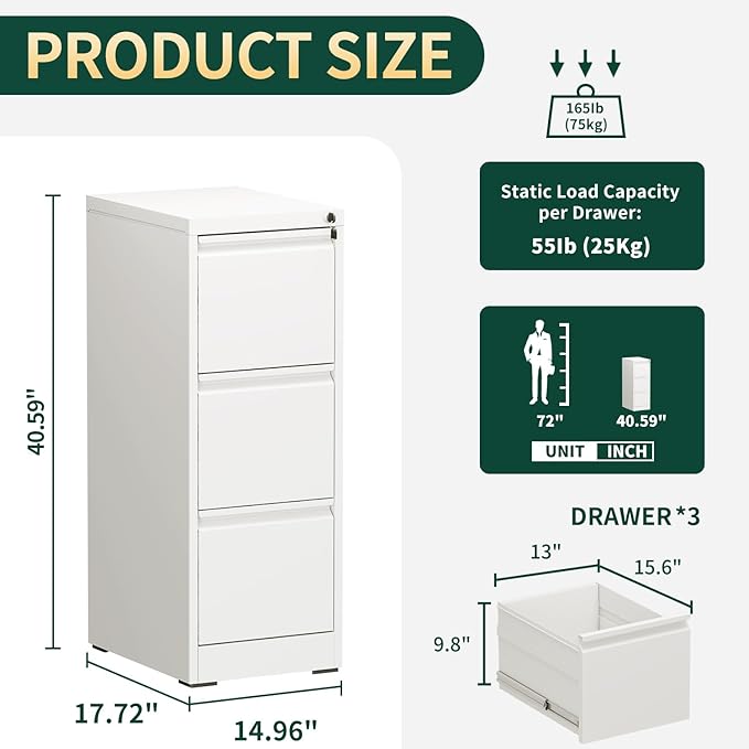 Yukimo 3 Drawer File Cabinet with Lock, Vertical File Cabinet with Lock, Locking File Cabinet Hanging Files for A4/ Legal/Letter,White
