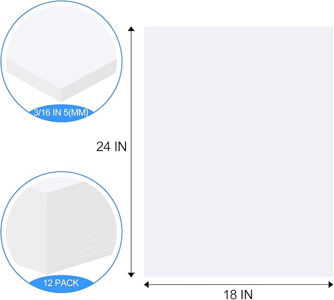 ToLanbbt 12 Pack White Foam Board, 18 x 24 x 3/16" Thick Foam Core Acid Free Poster Foamboard for Art Craft Projects, Painting, Displaying, Signage, Wedding, School