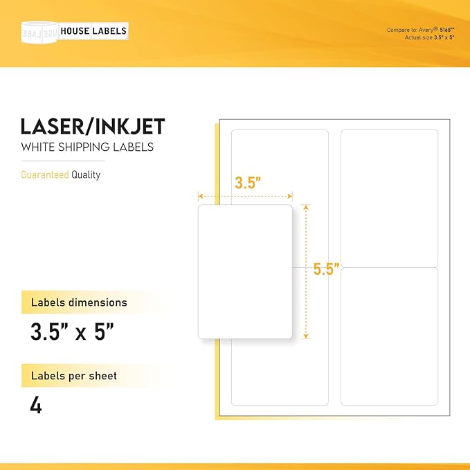 HOUSELABELS 4-up Shipping Labels (3-1/2" x 5") for Laser and Inkjet Printers, 400 Sheets