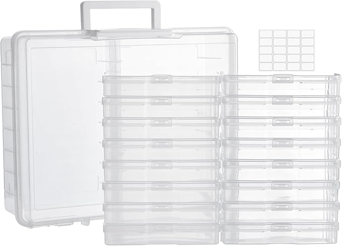 ALINK Photo Storage Box with Handle, 4" x 6" Photo Case Craft Keeper Organizer Container with 16 Inner Case and Label for Pictures, Arts, Crafts, Sewing, Stickers, Office Supplies - Clear