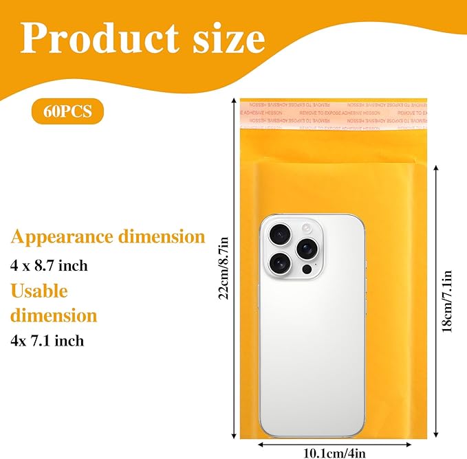 Bubble Mailers, 5 x 7 Inch 60 Pack Self Seal Padded Envelopes for Packaging, Strong Adhesion Yellow Envelope with Peel-N-Seal, Bubble Mailers Bulk for Jewelry Makeup Supplies
