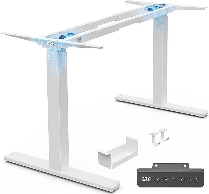 Huuger Dual Motor Electric Standing Desk Frame, Sit Stand up Desk Leg for 47.2” to 86.6” Desktop, Computer Desk Leg with Cable Tray, 3 Memory Height Presets, 2 Hooks, White Frame Only