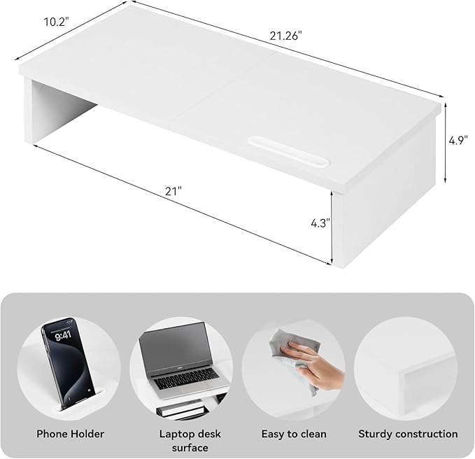 Qupui 21" Monitor Stand Riser with Phone Holder, Monitor Stand for Desk, Computer Monitor Stand, Desk Shelf for Top of Desk, Desktop Organizer for Laptop, Printer, TV
