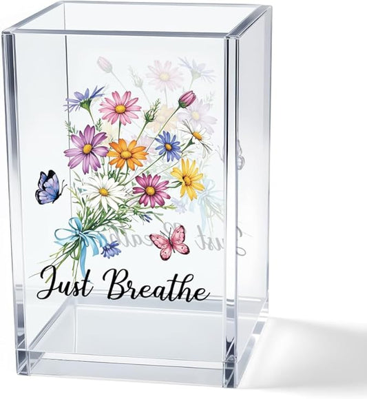 Vgrti Just Breathe Acrylic Cosmetic Pencil Pen Holder Cup, Hope Inspirational Makeup Brush Organizer Holder, Women Faith Gifts, Encouragement Gifts for Women Mom Daughter Sister Friend Yoga Teacher