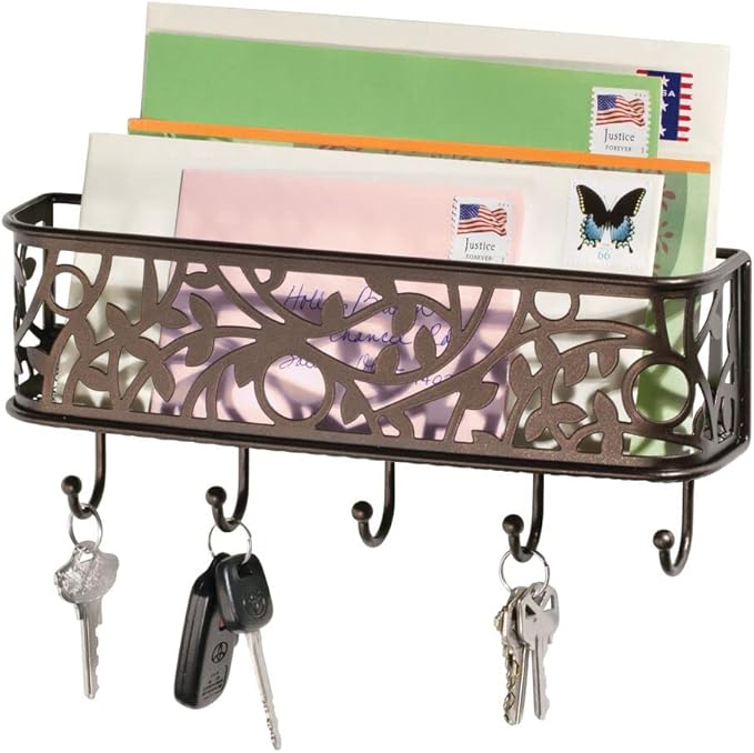 mDesign Wall Mount Metal Entryway Storage Organizer Mail Sorter Basket with 5 Hooks - Letter, Magazine, Coat, Leash and Key Holder for Entryway, Mudroom, Hallway, Kitchen, Office - Bronze
