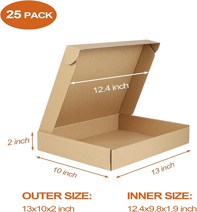 PHAREGE 13x10x2 inch Shipping Boxes Bulk 25 Pack Brown, Tab Lock Tuck Top Mailer Boxes for Packaging Small Business, Medium Cardboard Gift Boxes for Wrapping Mailing Present