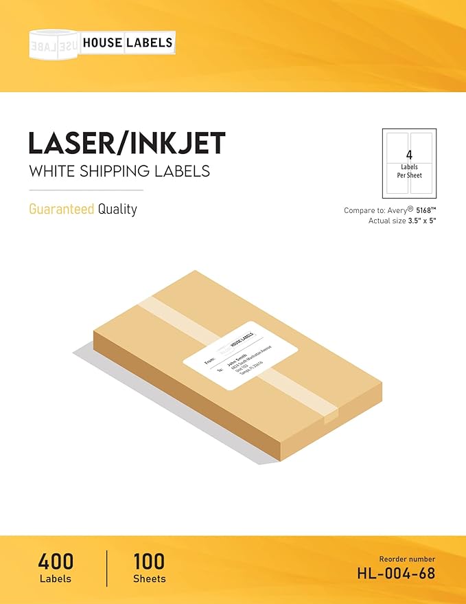 HOUSELABELS 4-up Shipping Labels (3-1/2" x 5") for Laser and Inkjet Printers, 500 Sheets