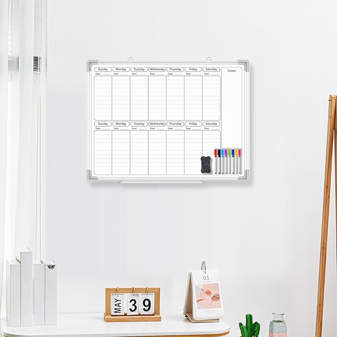 Lincia 24" x 18" Horizontal 2 Weekly Dry Erase Calendar for Wall Undated Horizontal Dry Erase Wall Calendar Planner Aluminum Frame Whiteboard for Home Office Projects Fridge