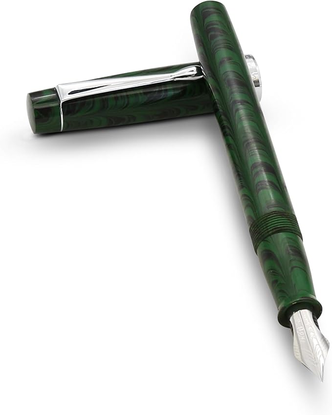 FPR Himalaya V2-Chrome Ultra Flex Nib Pen - Twist-Style Converter Filled Calligraphy Pens for Writing - Fancy Pens for Men & Women - Flex Fountain Pen w/Metal Clip & Cap Ring (Green Ebonite)