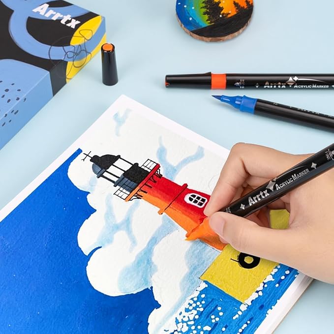 Arrtx Acrylic Pens Paint Markers 32 Colors, Dual Tip Acrylic Paint Markers with Brush Tip and Fine Tip, Art Supplies for Rock Painting, Wood, Ceramic, Fabric, Glass, DIY Crafts
