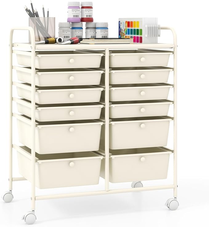Giantex 12 Drawers Rolling Storage Cart, Classroom Organizers with Wheels for Tools Scrapbook Craft Paper Teacher Office School Supplies (Ivory)
