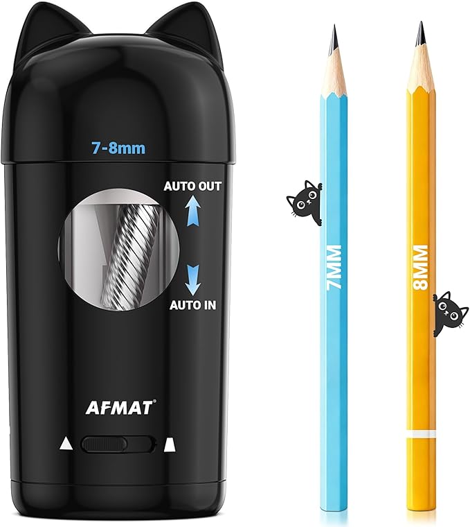 AFMAT Electric Pencil Sharpener, Fully Automatic Pencil Sharpener for Kids, Auto in & Out, for φ7-8mm No.2/Colored Pencils, Rechargeable & Cordless, Cute Cat Pencil Sharpeners for Classroom Home PSX9