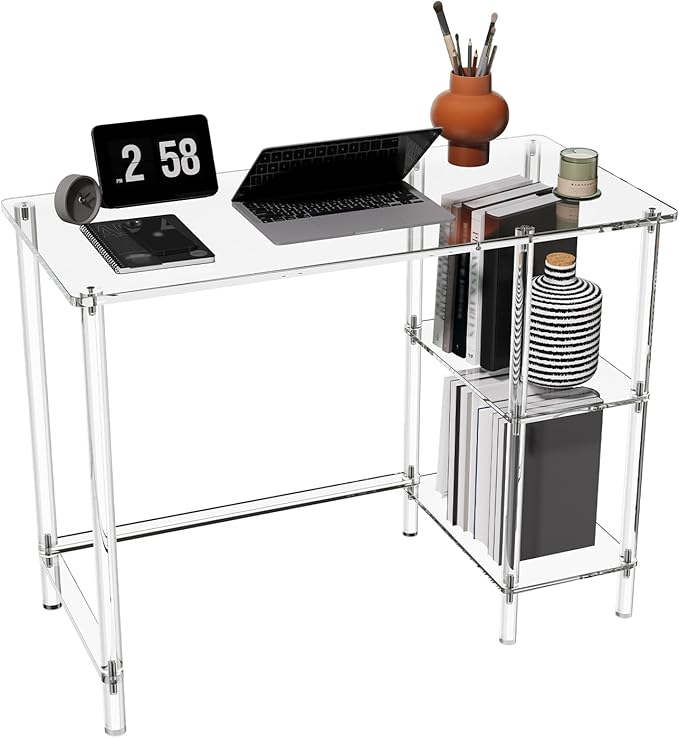 HMYHUM 40 Inch Acrylic Computer Desk with Reversible Storage Shelves, Clear Home Office Desk for Laptop, Study, Writing, Vanity Table, Modern
