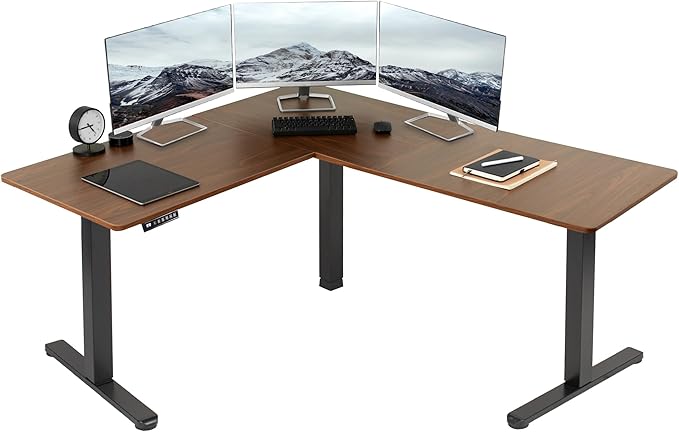 VIVO Electric Corner 63 x 55 inch L-Shaped Standing Desk, Memory Height Adjustment, Dark Walnut Top Black Frame, DESK-E3CTD