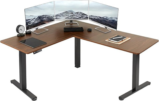 VIVO Electric Corner 63 x 55 inch L-Shaped Standing Desk, Memory Height Adjustment, Dark Walnut Top Black Frame, DESK-E3CTD