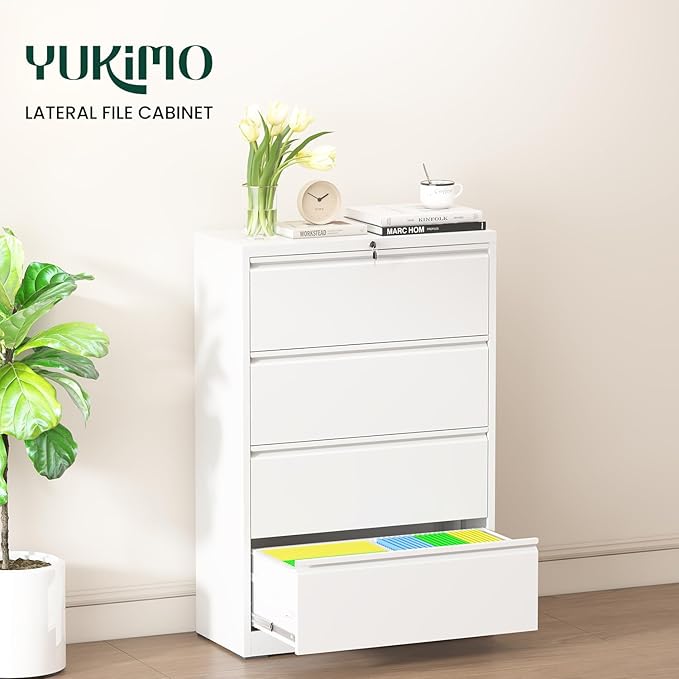 4 Drawer Lateral File Cabinet with Lock, Metal File Cabinets for Home Office, Office Furniture for Organization Hanging Legal/Letter/A4, Metal Filing Cabinet Storage Cabinet, Require Assembly, White