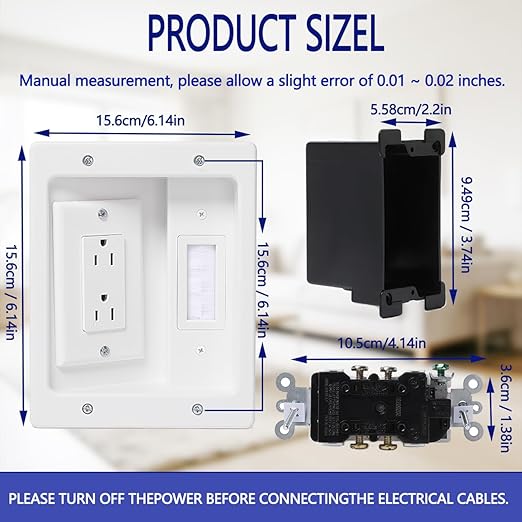 Wall Cable Concealer Management Kit, Recessed Outlet Behind TV for Wall Mount TV with Cable Management Box, in Wall TV Connection Kit Hides Power Cables & Low Voltage Wires Fits All Plugs (NO Wire)