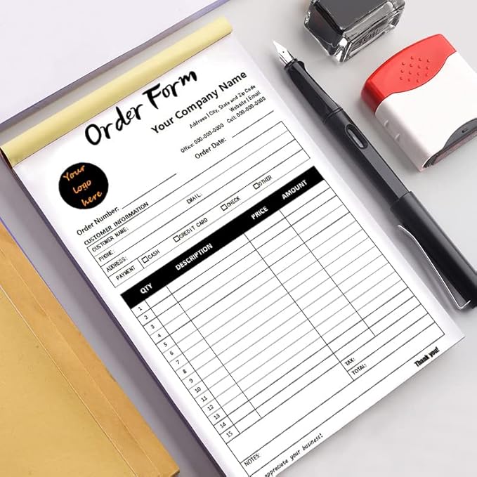 Custom Carbonless Sales Invoice Form Books for Small Business, Personalized NCR 3-Part Receipt Book with Carbon Copies, Cover Add Company Name, Address and Number Printed