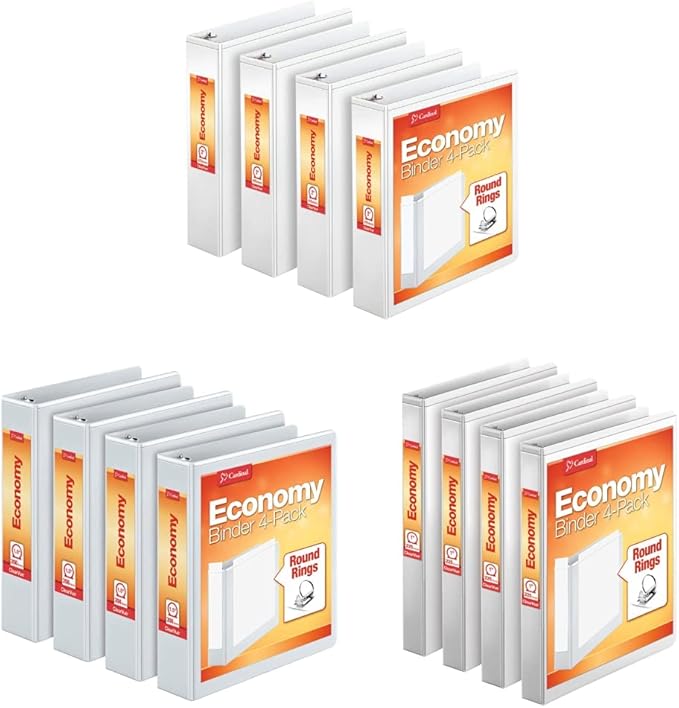 Cardinal Economy 3 Ring Binder, 2 Inch, Presentation View, White & Cardinal 1.5 Inch 3 Ring Binder, Round Ring, White, 4 Pack & Cardinal Economy 3 Ring Binder, 1 Inch, Presentation View, White