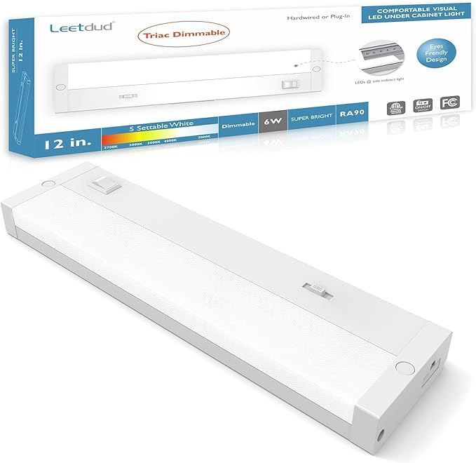 Leetdud LED Under Cabinet Lighting Hardwired or Plug in, 12 Inch 6W, Dimmable 5 Color 2700K/3000K/3500K/4000K/5000K, Linkable Eyes Care Design Counter Lights for Kitchen, Sink, ETL Listed, White