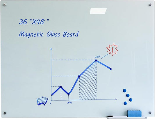 JYYPWB Magnetic Glass Whiteboard with Eraser 48" x 36" Frameless Tempered Glass Dry Erase Board with Marker Tray for Office, Wall Mounted Writing Board (White)