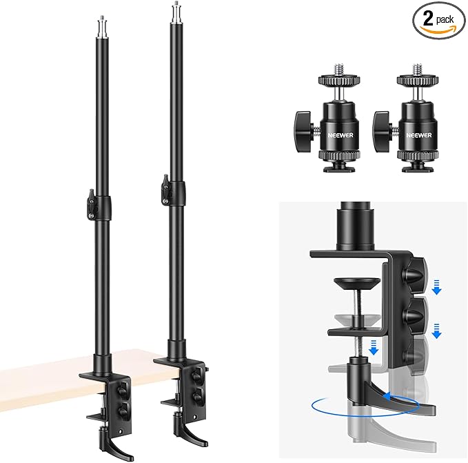 NEEWER Camera Desk Mount with C Clamp, 2 Pack 13.8"-23.6" Adjustable Desktop Light Stands with 1/4" Ball Heads Cold Shoe Adapters Long Handles for Webcam DSLR Camera Monitor Ring Light, Max Load 5kg