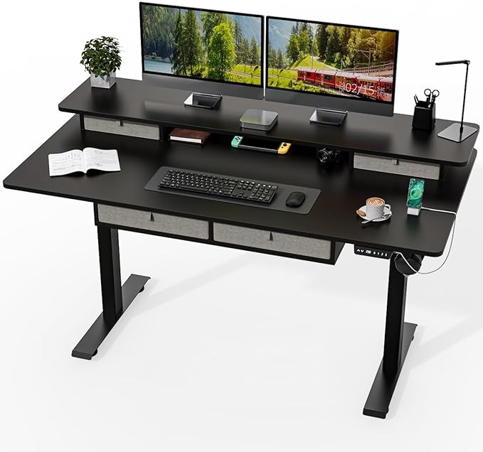 Kingant 63 x 30 Inch Electric Standing Desk with 4 Drawers, Adjustable Height Computer Desk for Home Office, Large Workstation Sit Stand Up Desk with Built-in USB A/C Charging Ports, Black