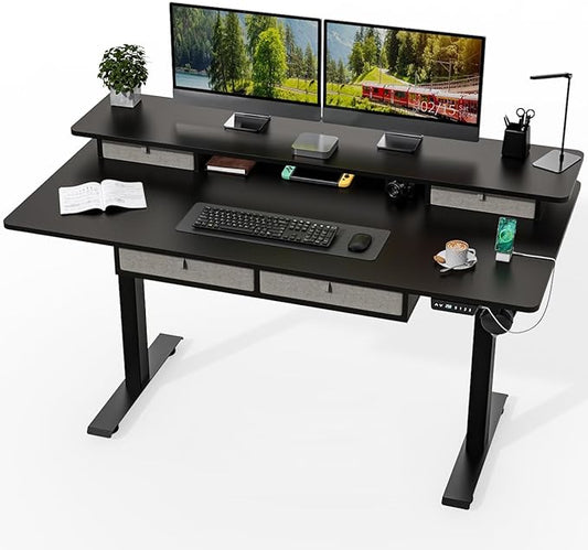 Kingant 63 x 30 Inch Electric Standing Desk with 4 Drawers, Adjustable Height Computer Desk for Home Office, Large Workstation Sit Stand Up Desk with Built-in USB A/C Charging Ports, Black