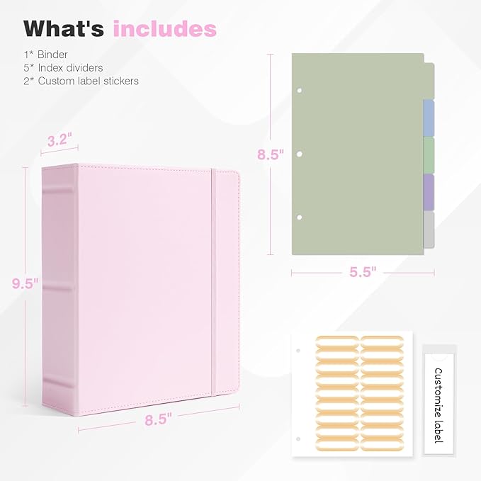 Ospelelf Leather Mini Binder Vintage Hardcover 2 Inch Rings, Professional Small 3 Ring Binders Organizer Suitable for 5.5" x 8.5" Documents, Binder Dividers with Tabs, Pink