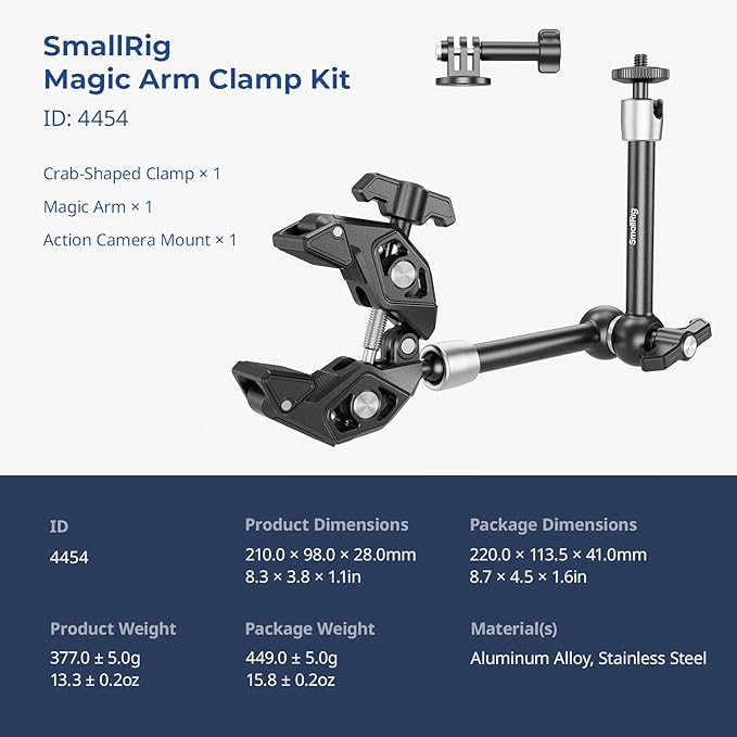 SMALLRIG Magic Arm Clamp Kit, Camera Mount Articulating Friction Arm w Super Clamp, w 1/4"-20 Screw and Thread Hole, for Camera, Light, Monitor, Webcam or Action Camera 1.5kg, for Table, Tube