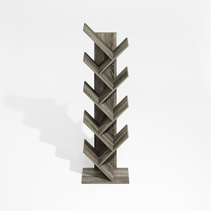 Furinno Tree Book Shelf, 9-Tier Bookshelf, Tree Bookcase for Room Decor, 8.4 x 15.7 x 50.9, for Living Room, Bedroom, Home Office, Grey Oak