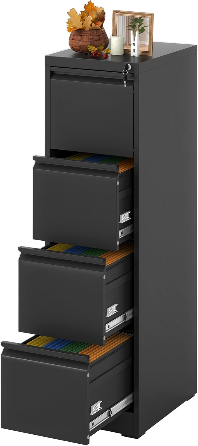 Yukimo 4 Drawer File Cabinet with Lock, Vertical Filing Cabinets for Home Office, Locking File Cabinet Hanging Files for A4/ Legal/Letter, Require Assembly, Black