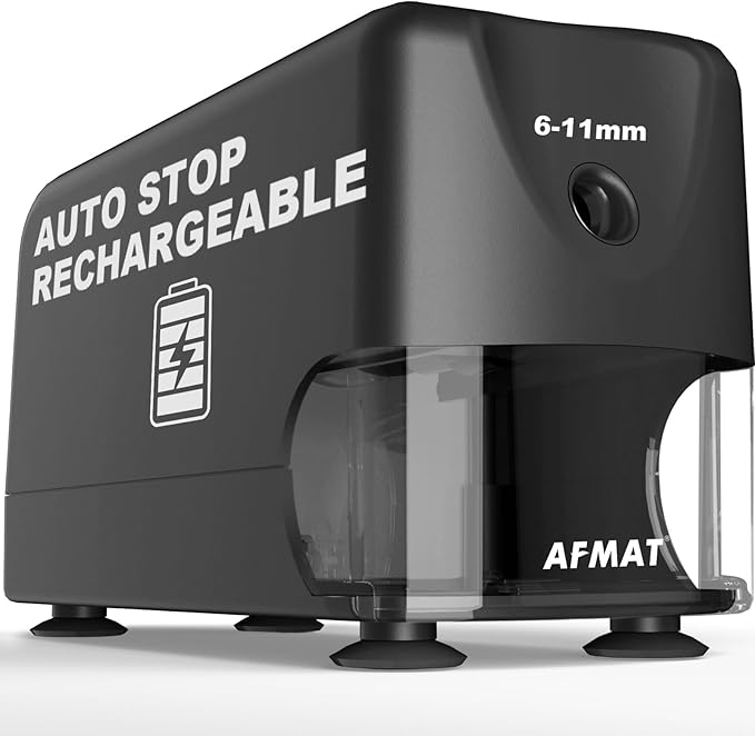 AFMAT Electric Pencil Sharpener, Cordless & Rechargeable, Heavy Duty Classroom Pencil Sharpeners for 6-11mm Pencils, Auto Stop, 2s Fast Sharpening, Battery Powered, 10,000 Sharpenings, PSD3