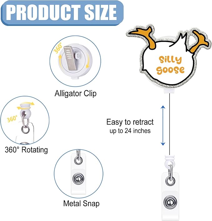 Badge Reel Retractable with ID Clip Goose Badge Reel Holder Funny Cute Acrylic Badge Accessories for Nurse Office Worker Teacher Students Woman Men